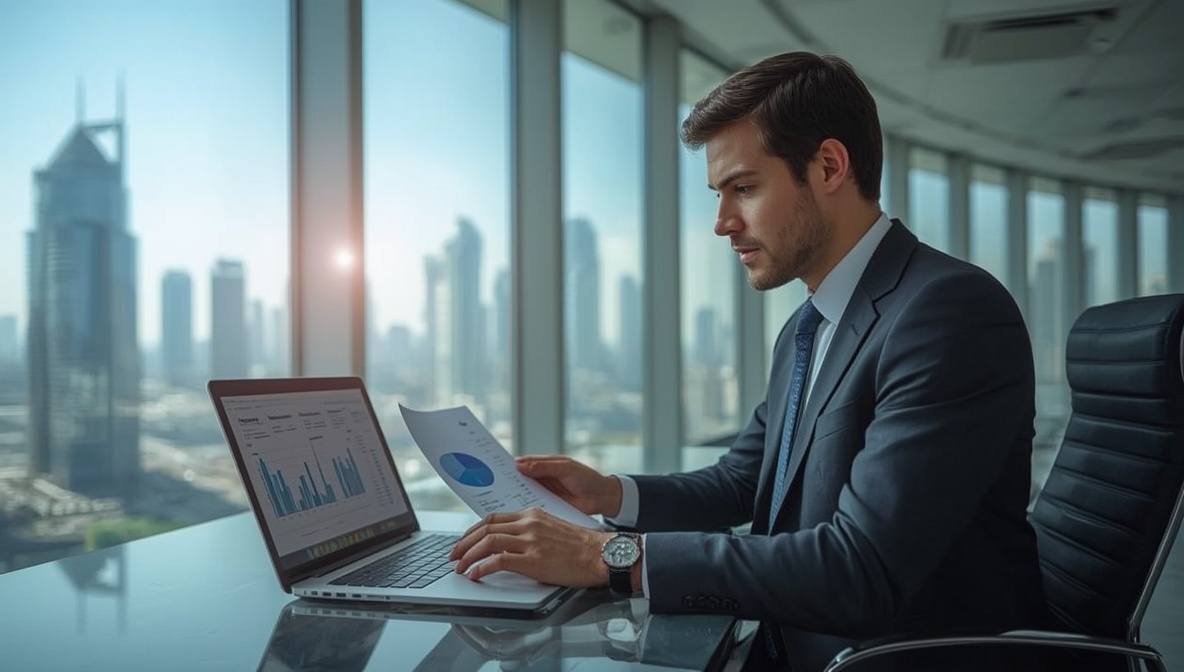 Businessperson filing UAE corporate tax on a laptop in a Dubai office